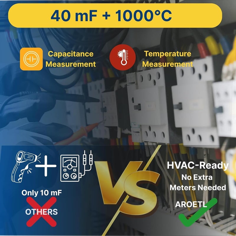 AROETL مقياس تيار رقمي بمشبك متعدد القياسات 1000A AC/DC، فولت متر، مع نطاق تلقائي TRMS وشاشة LCD مضاءة خلفياً وNCV؛ يقيس الجهد، التيار، درجة الحرارة، دورة العمل، السعة، التردد - Image 3